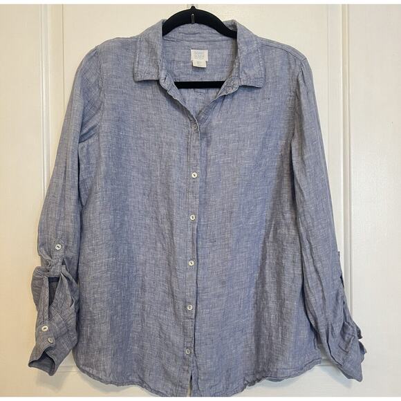 Sigrid Olsen Chambray Button Down Up Blouse Blue Linen Casual Top Designer L - Picture 2 of 11